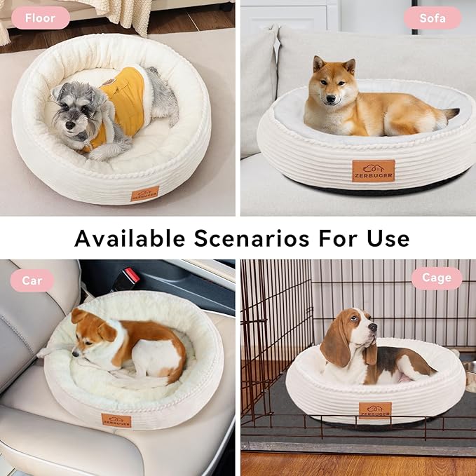 30in Round Dog Bed Sofa for Small/Medium/Large Dogs, Machine Washable Supportive Foam Pet Couch with Washable Removable Mat and Non-Slip Bottom, Pet Cuddler for Indoor/Outdoor/Car/Cage, Cream