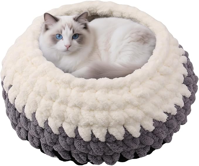 Cat Nest Bed Handwoven Washable Extra Soft Round Cave House Furniture for Indoor Kitten Cloud Black, White&Gray