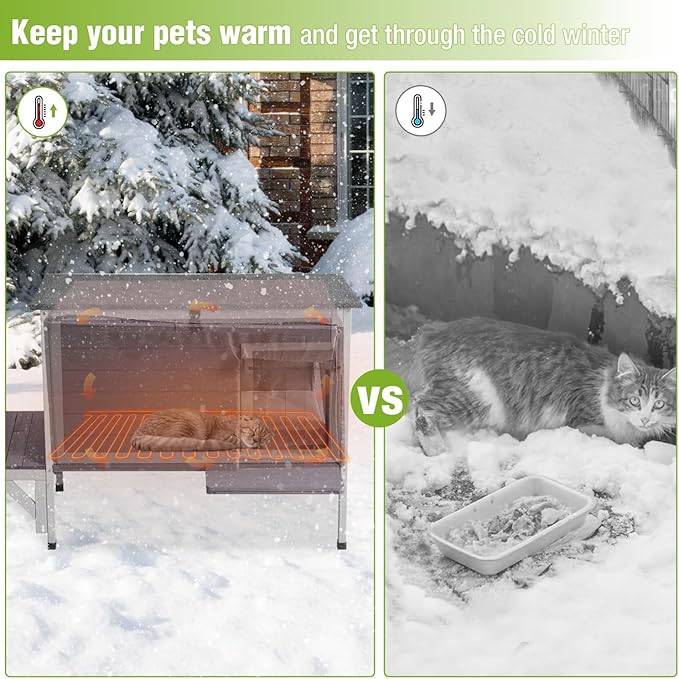 GUTINNEEN Heated Cat House with Anti-Chewing Cable Insulated Cat House Outdoor Weatherproof with Liner Feral Cat Shelter with Heater