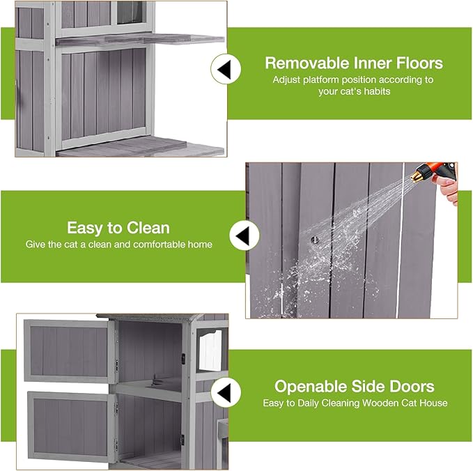 Cat Houses for Outdoor Cats 2-Story Large Cat Condo for Multiple Cats, Weatherproof Feral Cat Shelter with Window, Easy Clean Wood Kitty House