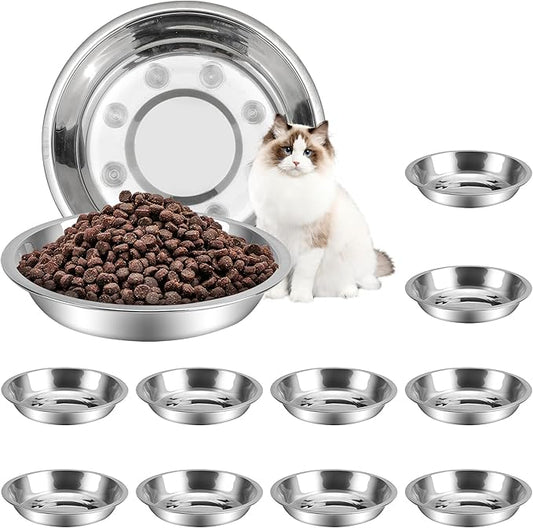 HUOIQUE 10 Pcs Stainless Steel Bowls, Whisker Fatigue Cat Bowl for Food and Water, Metal Shallow Cat Dishes, 6.2 Inches (Thicker)