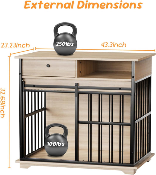 35.5" Dog Crate Furniture, Wooden Dog Crate Furniture for Medium Small Dogs, Wooden Dog Kennel End Table with Drawer and Open Shelves, Sliding Door Dog Kennel Furniture