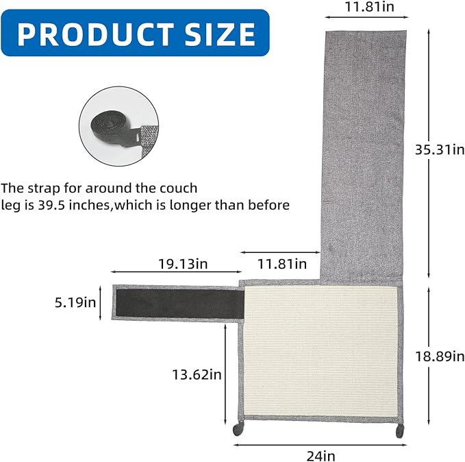 Cat Scratch Couch Protector with Natural Sisal for Protecting Couch Sofa Chair Furniture19.7’’W*23.6’’W(Light Grey/Left Hand)