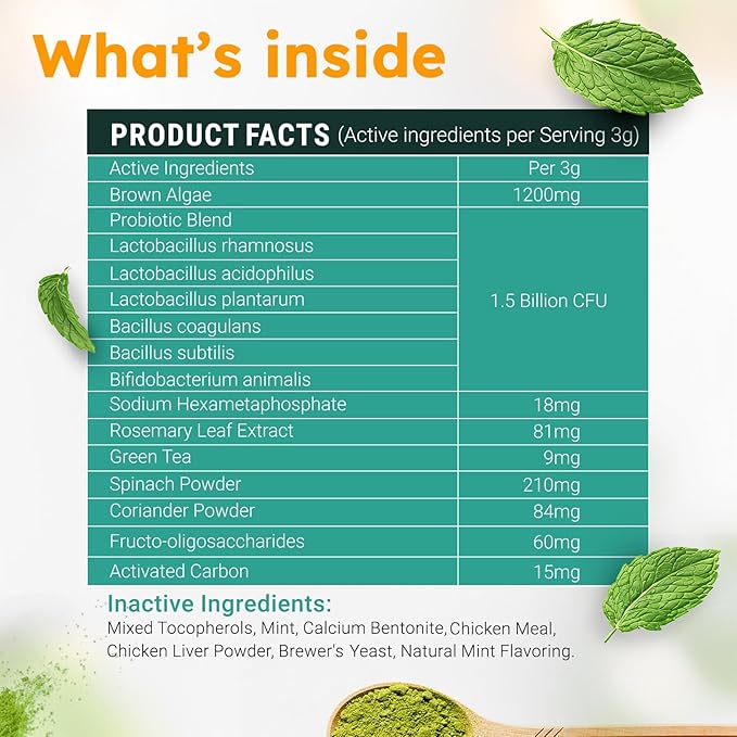 Dog Teeth Cleaning Powder - Dog Breath Freshener + Dental Care for Doggies & Cats + Tartar Remover for Teeth with Natural Ingredients + Probiotics Blend (Mint - 200g)