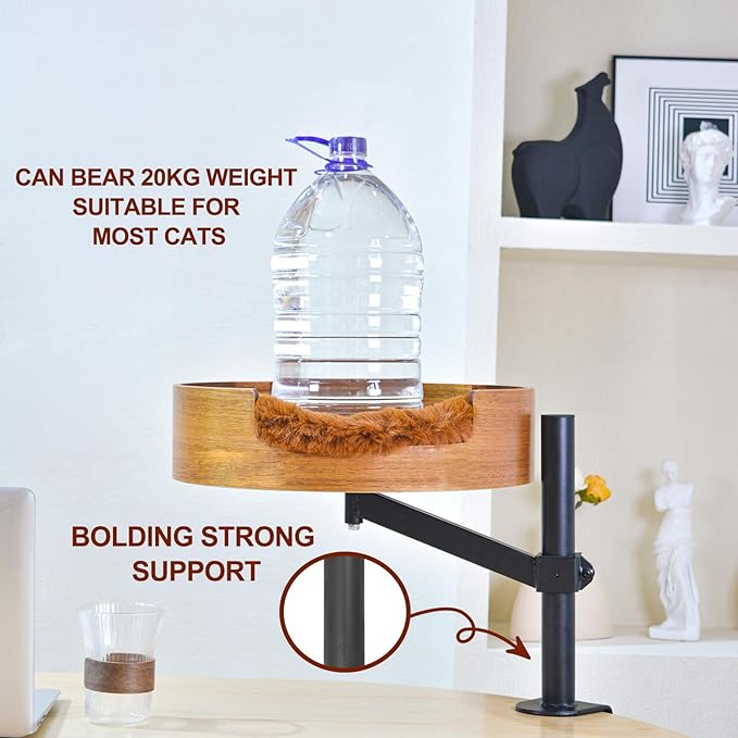 Cat Bed Desk with Pet Mat, Cat Hammock for Desk, Cat Bed Desk with Wooden Bowl, 360° Rotation and Adjustable Height, Coffee