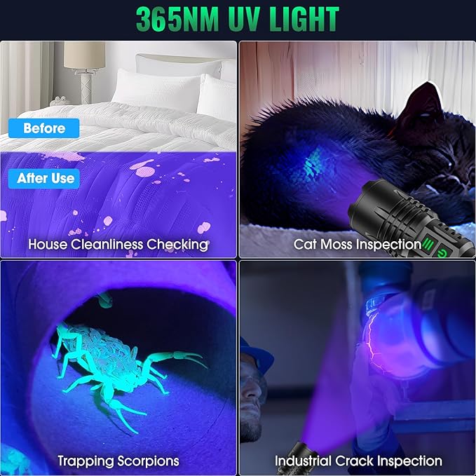 AdamStar UV&High Lumens Flashlight Rechargeable, 2-in-1 Powerful Blacklight LED Flashlight Tactical 6 Modes Super Bright Waterproof Zoomable Detector for Pet Urine Curing Resin Camping Emergencies