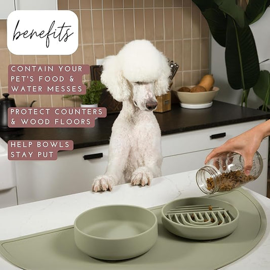 Waterproof Silicone Pet Food Mat - Non-Slip Spill-Proof Feeding Mats for Floors, Raised Edge Design Easy-to-Clean Rubber Mat for Dog & Cat Bowls, 28" Across x 14" Deep, Large-Terracotta