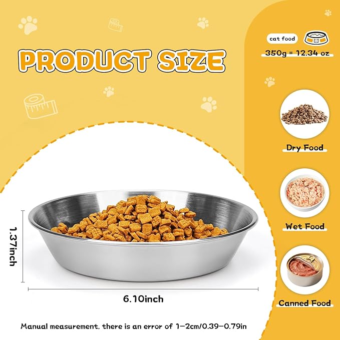 4-Pack Stainless Steel Cat Food Bowls – Deep Whisker-Friendly Non-Slip Silicone Base,Easy to Clean Indoor Feeding Dishes(5.9")