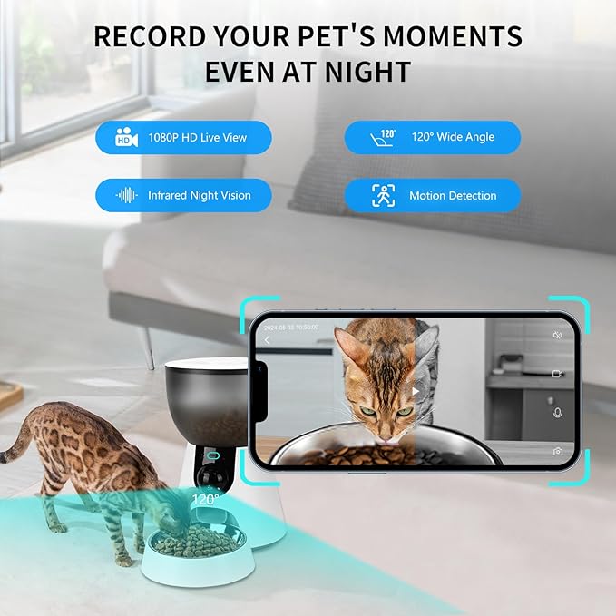 Automatic Cat Pet Feeder Camera, 5G Wi-Fi Smart App Control 4L Timed Cat Dog Food Dispenser 1080 HD Video Recording with Night Vision Two-Way Audio Memory Function Easy to Use