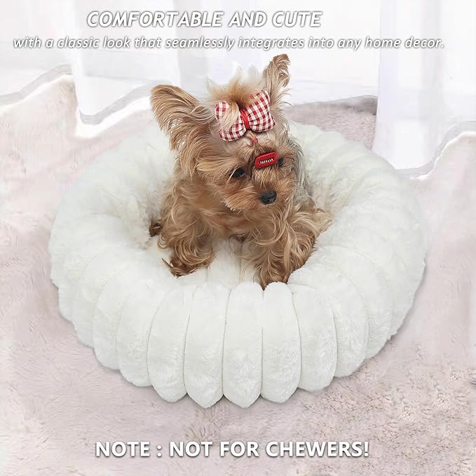 Tiny Dog Bed for Small Dogs and Cats – 16 Inch Donut Washable Soft Comfort Indoor Extra Small Pet Bed,Calming Anti-Anxiety Non-Slip Fluffy Plush Faux Fur Round Puppy Beds Fits Up to 5 lbs Pets,Cream