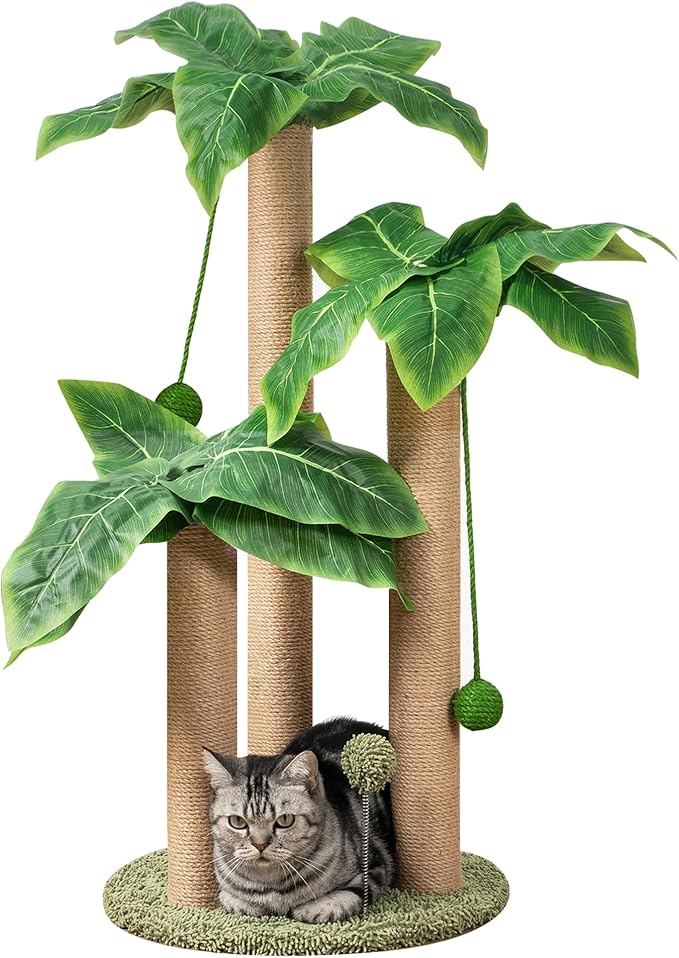 Cat Scratching Post 31.5" Palm Tree Cute Cat Tree with 3 Scratching Poles Sisal Hanging Balls Cat Scratcher for Kitten and Adult Cats