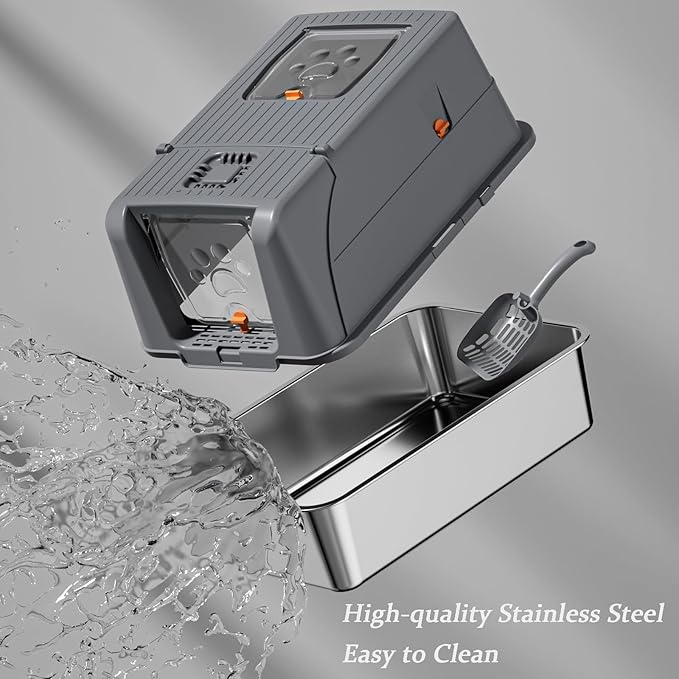 Stainless Steel Litter Box with Lid, 180° Flip-Top Extra Large Enclosed Litter Box, Anti-Leakage Covered Cat Litter Pan with Litter Scoop, Filter Pedal, Odor Free, Front and Top Dual Entry