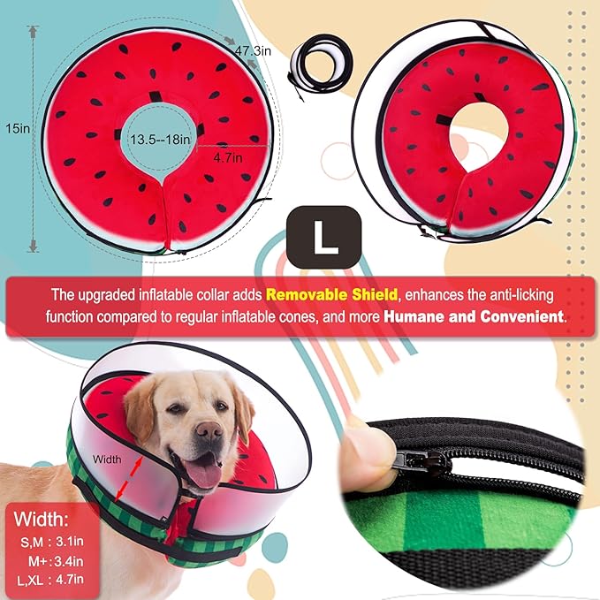 Inflatable Dog Cone Collar with Enhanced Anti-Licking, Soft Neck Donut for Dogs Cats, Recovery Pet Cone Collar After Surgery for Large Medium Small Dogs… (Watermelon, Large)