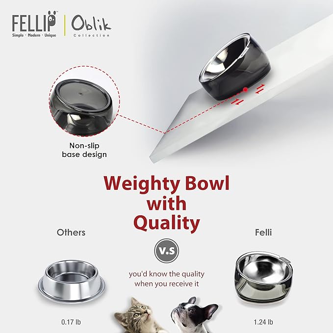 Felli Pet Oblik Spill Proof Dog Food Water Bowl Raised Acrylic Cone, Stainless Steel Tilted Oval Dish Pet Friendly, Slanted Metal Plate Feeder Elevated for Small Medium Size Dog (1.5Cup, Smoky)