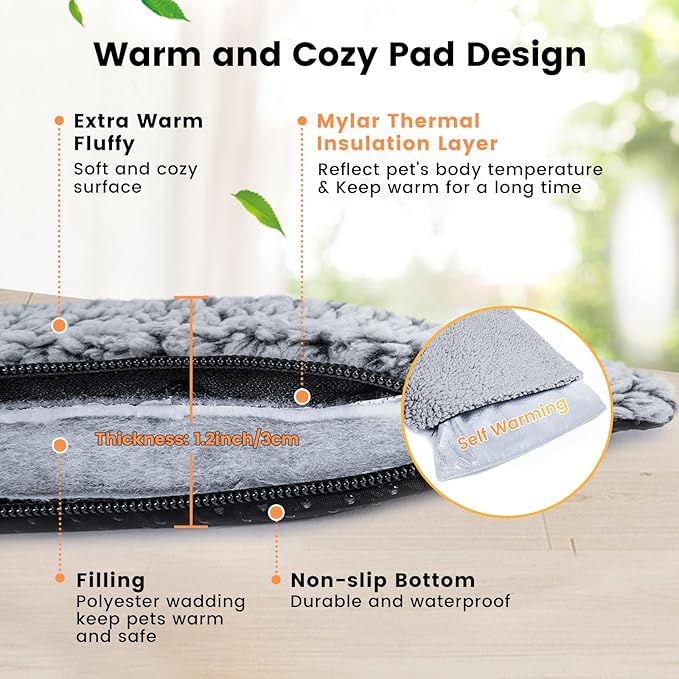 Dog Bed Mat Self Heating Pad for Medium Large Dogs, Dog House Bed Crate Pad for Sleeping Self Warming Pet Bed Puppy Blanket with Removable Washable Cover, Grey 42 Inches