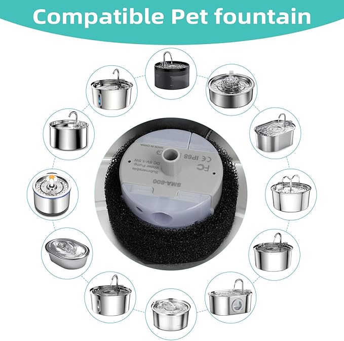 Ultra-Quiet Replacement Pump for Stainless Steel Cat Water Fountains - SMA-800 Motor - Safe and Easy to Clean with Low Voltage DC 5V and USB Cable (Side Suction Pump)