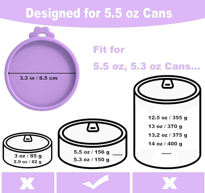 Comtim Cat Food Can Covers Lids for 5.5 oz Cans, 2 Pack Silicone Cat Food Can Lids for 5.5 oz 5.3 oz Cans...Pet Food Can Covers Reusable Can Toppers Savers for Wet Food (Lilac purple)