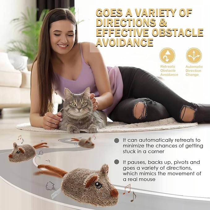 Cat Toys Squeaky Rechargeable Moving Mouse with Dynamic Magic Tail, Automatic Self Play Mouse Interactive Cat Toy for Indoor Cats, Kitten's Electric Multi-Mode Activated Mouse Toy (Brown)