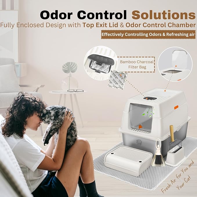 Fully Enclosed XXL Stainless Steel Litter Box with Lid, 8” Deep Pan, Large Stainless Steel Cat Litter Box for Big Cat with Scoop, Step Board, Mat, Brush, Odor-Free, Anti-Leak, Non-Stick (White)