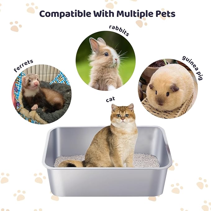 Stainless Steel Cat Litter Box - Kitty Litter Boxes-Metal High Sided Cat Pan, Indoor Litter Tray, No Smell, Easy to Clean, Pet Toilet Supplies for Kitten, Kitty, Rabbit