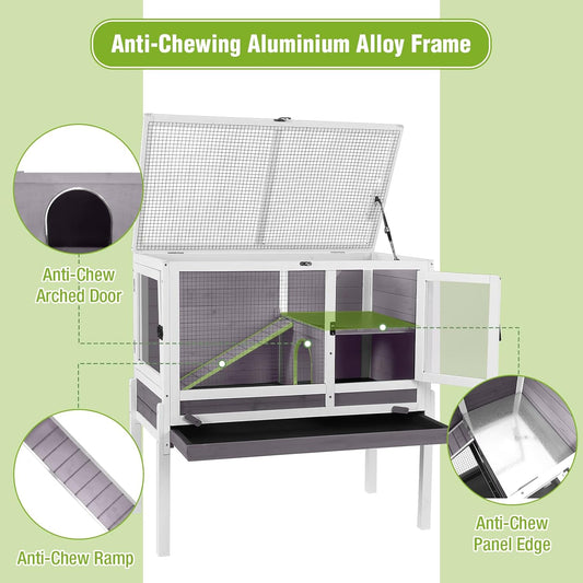 GUTINNEEN Indoor Guinea Pig Cage Rabbit Hutch with Chew-Proof Ramp, 2-Story Wooden Bunny House with Pull-Out Trays & Leakproof PVC Layer, Small Animal Cages with Detachable Legs (Gray)