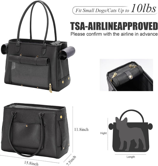 Fashion Pet Carrier Purse for Small Cat and Dog, Luxury Pu Soft-Sided Tote Bag with Large Pockets for Dogs and Puppies (Black, 15.8" L x 7.5" W x 11.8" H)