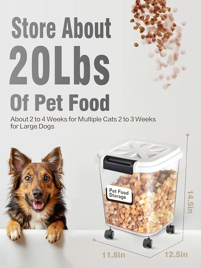 Large Rice Storage Container 30 lbs, Airtight Pet/Cat Treat Storage Bin with Lids, Attachable Wheels, Great for Flour & Rice, Easy Mobility, BPA Free, White