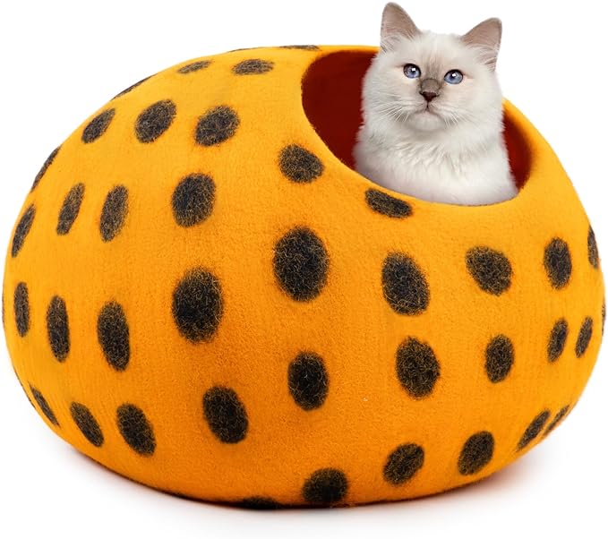 Woolygon Premium Felt Cat Cave Bed - Polka Dot Series - Wool Kitty Beds Handcrafted Kitten Caves Bed for Indoor Cats - Eco-Friendly Merino Wool, Foldable Cat Hideaway Cat Houses (Orange/Black Dots)