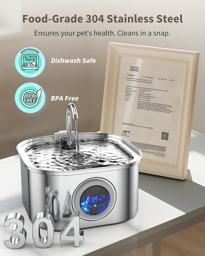 Cat Water Fountain Stainless Steel, 3.2L/108oz Cat Fountain with Large Water Level Window, Pet Water Dispenser with Quiet Pump Ideal for Cats, Dogs and Multi-pet households