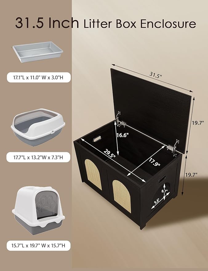 DINZI LVJ Cat Litter Box Enclosure, Flip Top Litter Box Furniture, Rattan-Like Hidden Cat Washroom, Wooden Pet House, End Side Table, 31.5"L x 19.7"W x 19.7"H, Easy to Assemble, Espresso with Rattan