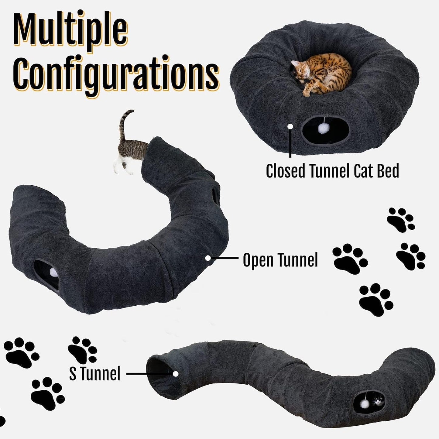 R1M Cat Tunnel Bed for Indoor Cats, Cute Cat Donut Tunnel Toys for Small, Larger Cats with Two Fish Cat Toys, Round Pet Peekaboo Cave Toy for Kitten, Dark Grey