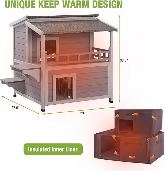 GUTINNEEN Outdoor Cat House Insulated Liner for Winter, Weatherproof Heated Outside Feral Cat Shelter, 2-Story Kitten House with Large Balcony