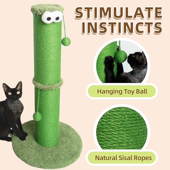 Nekosan Cat Scratching Post - 34-Inch Tall Indoor Cat Scratcher with 5.5-Inch Sisal-Wrapped Post, Hanging Ball Toy, Ideal for Large Cats and Kittens, Furniture-Friendly, Vibrant Green