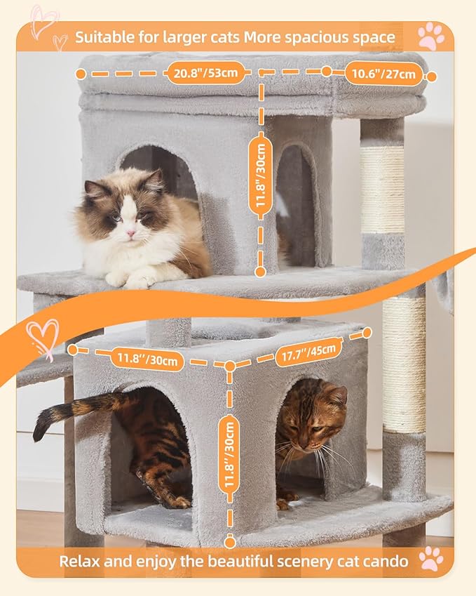 Taoqimiao MS032W 83In Cat Tree for Indoor Cats Large Adult, XXL-Cat Tower, Suitable 20lb+ Heavy Duty Large Cats, 2 Luxurious Cat Cando with 8 Scratching Posts,Oversized Metal Hammocks,Light Gray