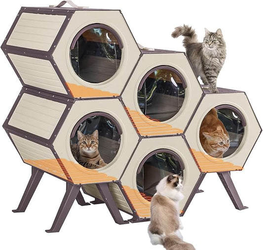 GUTINNEEN Outdoor Heated Cat House with Heater Insulated Feral Cat Shelter with Adjustable Temperature and Time Expandable Feral Cat House with Escape Door for Winter Weatherproof (5 Sets)