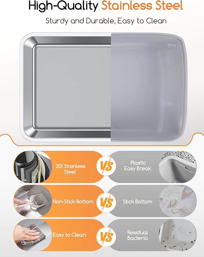 Meowant Stainless Steel Cat Litter Box, Extra Large 3-in-1 Enclosed Open Top Metal Litter Box with Lid, Odorless Cat Litter Pan with High Sides for Big Cats, Non-Sticky, Anti-Leakage, Easy Cleaning