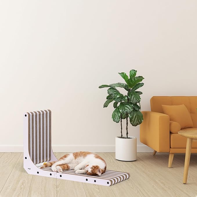 FUKUMARU Cat Scratcher, 26.8 Inch L Shape Cat Scratch Pad, Strip Pattern Cats Scratching Post Wall Mounted, Cardboard Cats Scratcher with Ball Toy for Indoor Kitty, Fun Playing Box Included, L