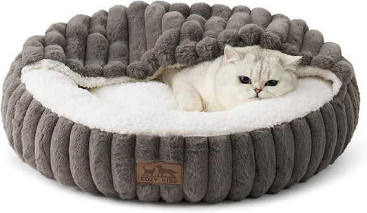 Cat Bed with Hooded Blanket, Round Fluffy Anti-Anxiety Pet Bed for Cats/Toy Breed Dogs, Cozy Donut Cuddler with Machine Washable Faux Fur & Anti-Slip Bottom(20"×20"×6",Grey)