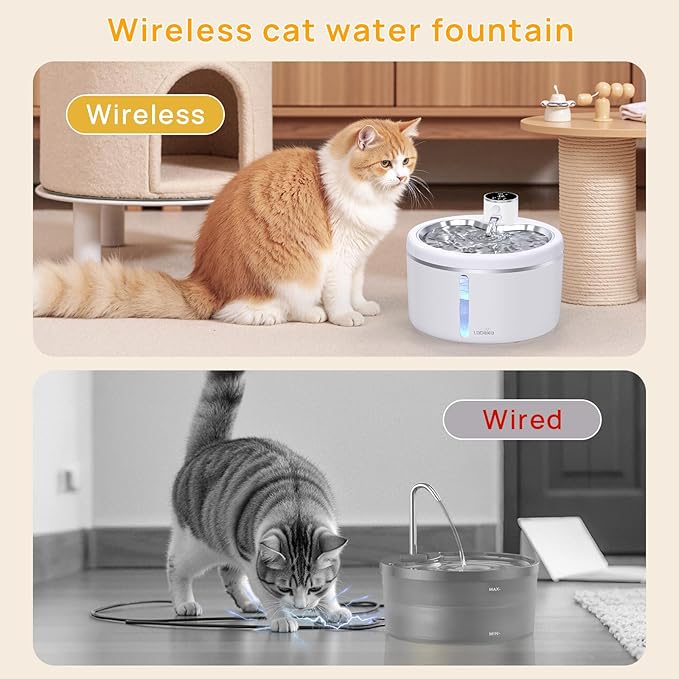 Wireless Cat Water Fountain with Stainless Steel Tray, Battery Operated Cat Fountain - 102oz/3L Automatic Pet Water Dispenser, Easy Clean with Motion Sensor for Cats, Dogs-2Filters