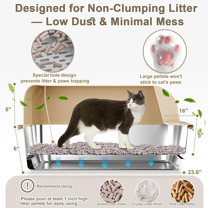 23.6"x16"x12" Stainless Steel Sifting Litter Box with Lid, XL Sifting Litter Box for Pine Pellets Less Tracking, High Sides Metal Litter Tray with Removable Drawer Pan, Anti-Leakage, Easy Cleaning