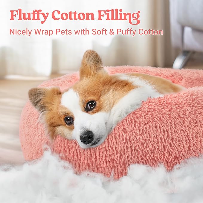 rabbitgoo Calming Dog Bed for Small Medium, 30 inches Pet Bed Machine Washable, Non-Slip Round Fluffy Plush Faux Fur Large Cat Cushion, Soft Donut Cuddler Cushion for Small Dogs, Pink