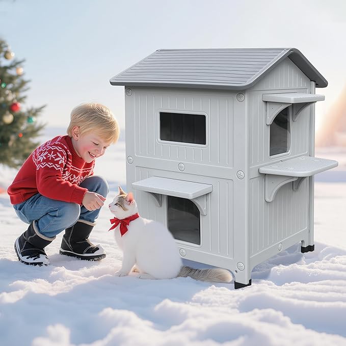 100% Insulated Outdoor Cat Houses for Winter, Waterproof 2 Story Outdoor Cat House with Insulated Liner, Outside Feral Cat Shelter for Outdoor Cats, Easy to Clean-Grey