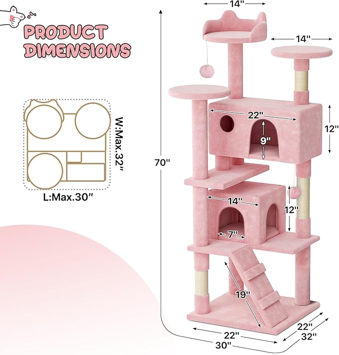 MoNiBloom Cat Tree, 70 Inch Cat Tree Tower with 2 Condo, Tall Cat Tower with Scratching Post, Cat Climbing Tower, Cat Tree for Indoor Cats, Soft Pink