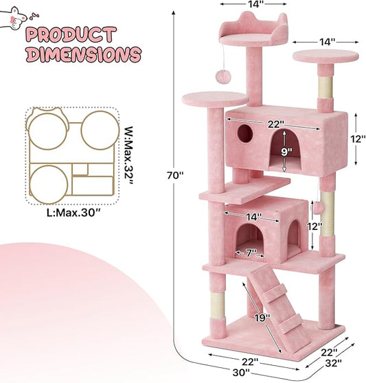 MoNiBloom Cat Tree, 70 Inch Cat Tree Tower with 2 Condo, Tall Cat Tower with Scratching Post, Cat Climbing Tower, Cat Tree for Indoor Cats, Soft Pink