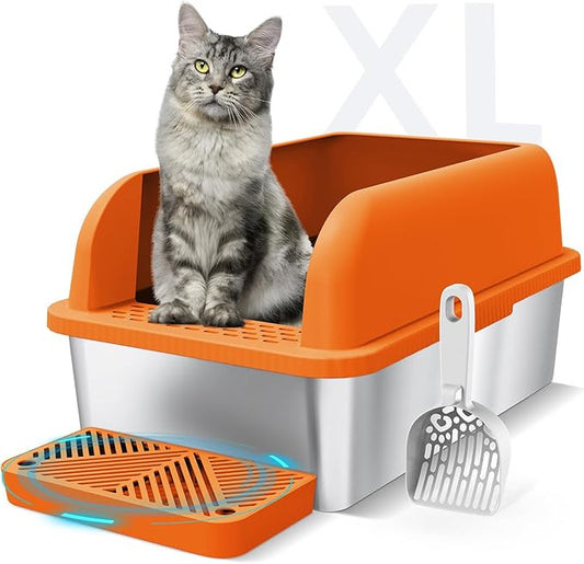 Enclosed Stainless Steel Litter Box with Lid Extra Large Litter Cat Box for Big Cats XL Metal Litter Pan Tray with High Sides Enclosure, Anti-Leakage, Easy Cleaning (Orange)