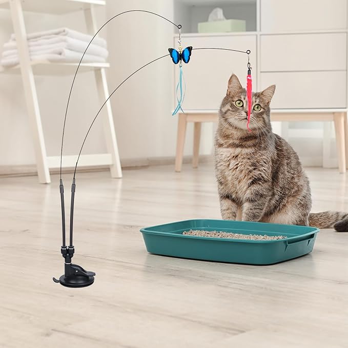 Cat Feather Toys, 14PCS With 2 Slots Super Suction Cup, Detachable 2PCS Wand & 11PCS Replacement Teaser Refills With Bell, Interactive Toy for Indoor Cats Kitten Play Exercise