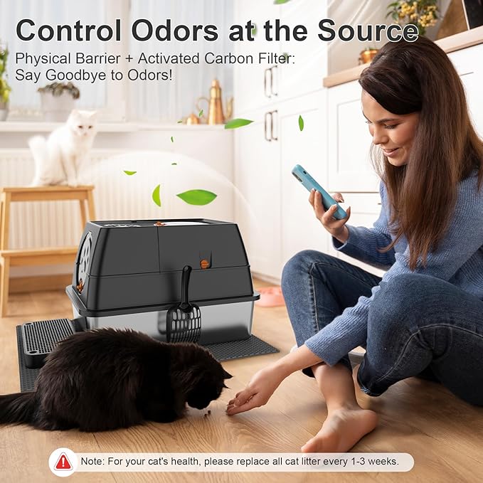 Stainless Steel Cat Litter Box with Lid, XL Extra Large Kitty Litter Box, Enclosed Top Entry Metal Litterbox for Big Cat, Easy Cleaning, Anti-Leakage & High Sided with Mat, Aisle & Scoop Black