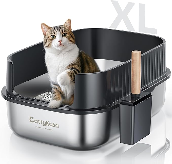 Stainless Steel Large Cat Litter Box, 23.6''×16.9''×10.6'' XXL Cat Litter Box with High Sides,Easy to Clean，Non-Sticky，Leak and Splash Proof(Gray)，with Cat Litter Scoop.
