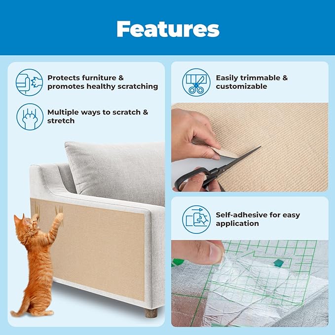 Best Pet Supplies Catify Peel & Stick Cat Scratching Mat – Self-Adhesive, Trimmable Cat Scratch Pad Cover - Carpet, Sofa, Furniture Protector – Replaceable Adhesive Stickers - Beige & 78.7 x 15.8