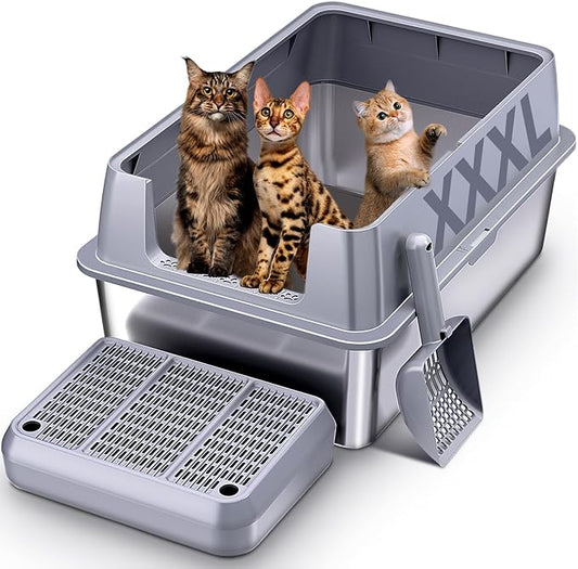 Stainless Steel Litter Box with lid,28" L x20 W XXL Extra Large Litter Boxes,Metal Litter Box with Hight Sides for Big Cats& Multiple Cats,Never Absorbs Odors, Anti-Urine Leakage, Easy Cleaning